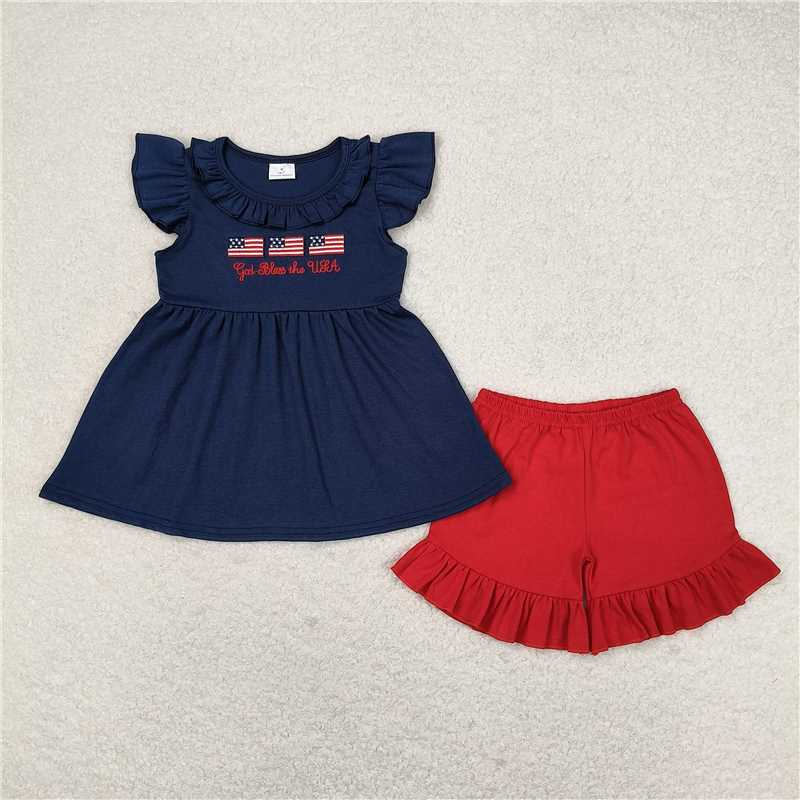 GSSO0805 god bless embroidered national flag navy blue lace flying sleeves red shorts suit