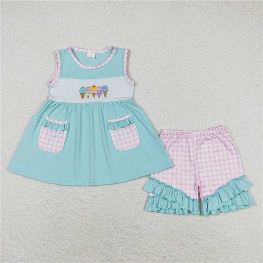 GSSO0826 Embroidered Ice Cream Plaid Pocket Teal Sleeveless Shorts Set