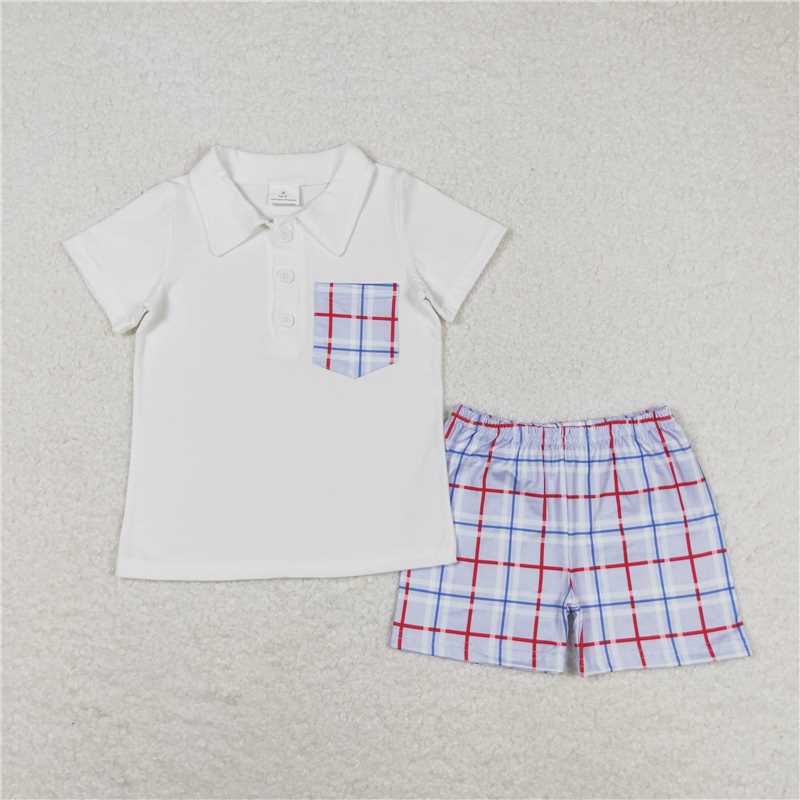 BSSO0651 Blue Plaid Pocket White Short Sleeve Shorts Suit