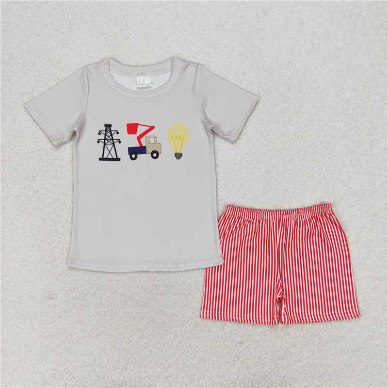 BSSO0632 Grid Light Bulb Short Sleeve Red Striped Shorts Set