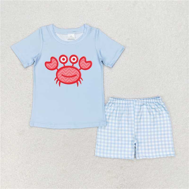 BSSO0808 Crab blue short-sleeved plaid shorts suit