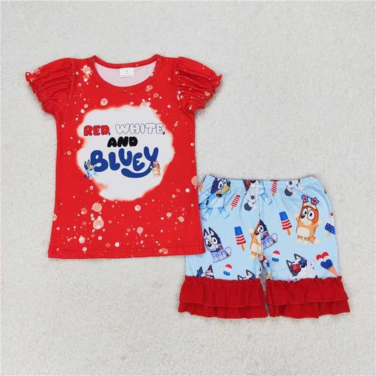 GSSO0543 red white bluey red short-sleeved lace popsicle blue shorts set