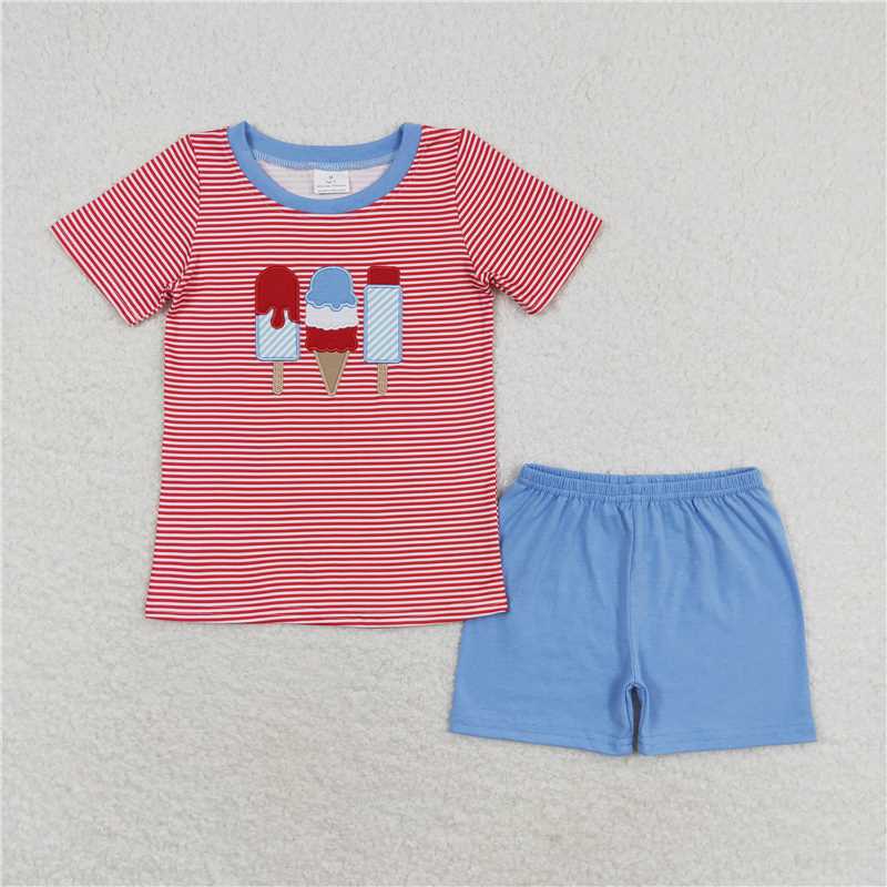 BSSO0576 Embroidered ice cream red striped short-sleeved blue shorts suit