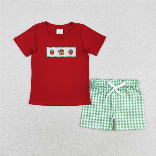 BSSO0810 Embroidered strawberry red short-sleeved green plaid shorts suit