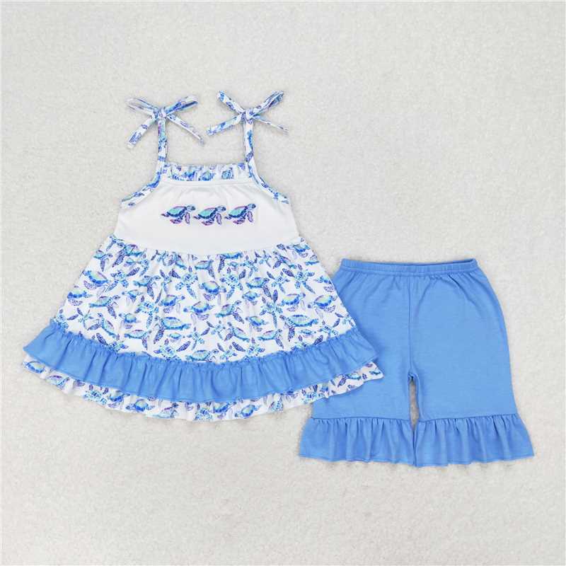 GSSO1241 Embroidered turtle blue lace white suspender shorts set