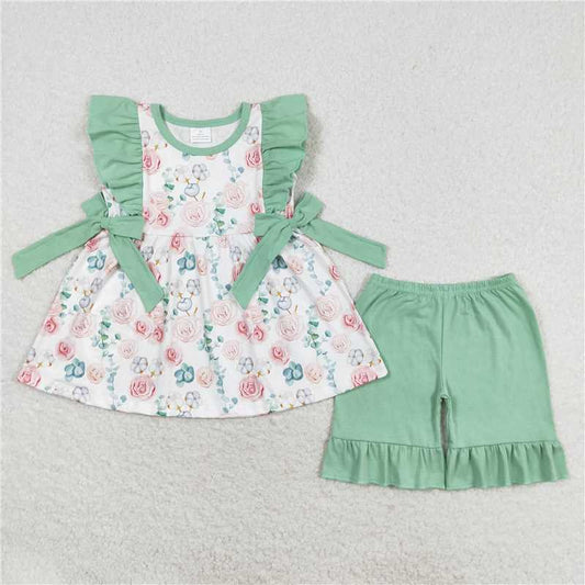 GSSO1004 Flower green lace bow sleeveless shorts set