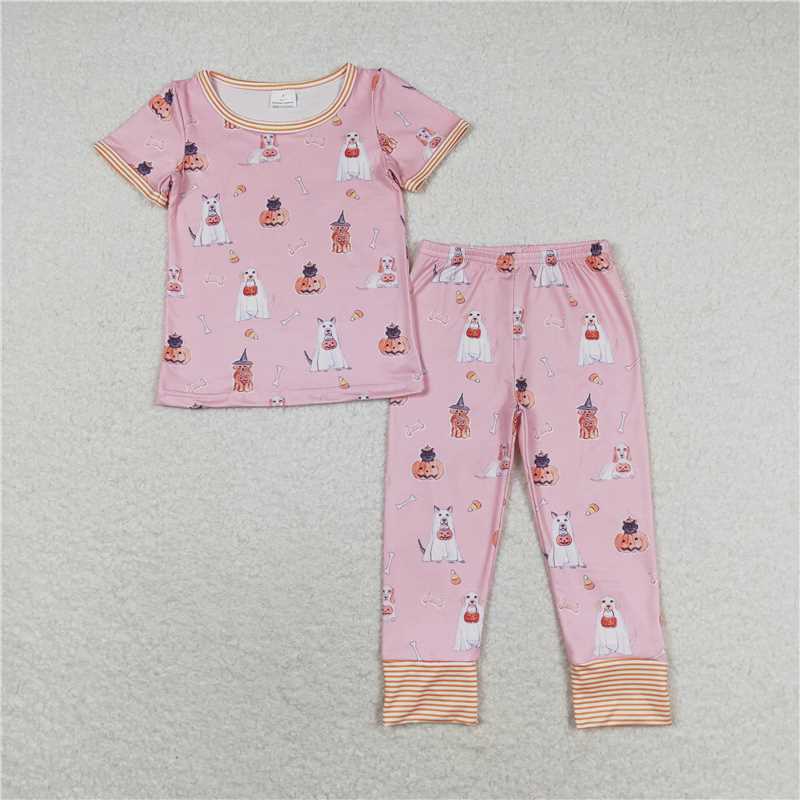 GSPO1538 Pumpkin lantern puppy pink short-sleeved long pants pajamas set