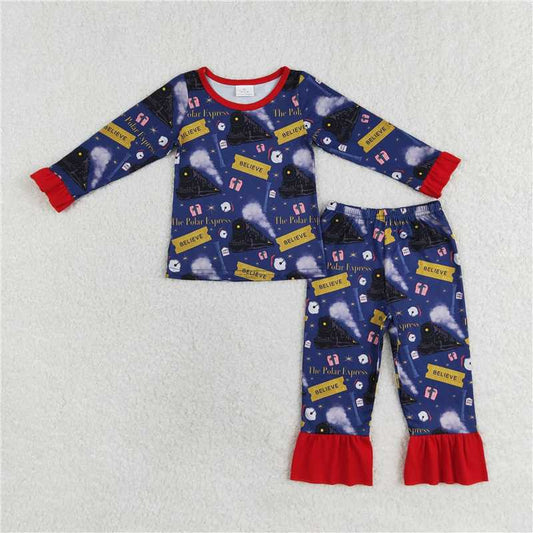 GLP1314 believe train lace navy blue long-sleeved trousers pajamas set