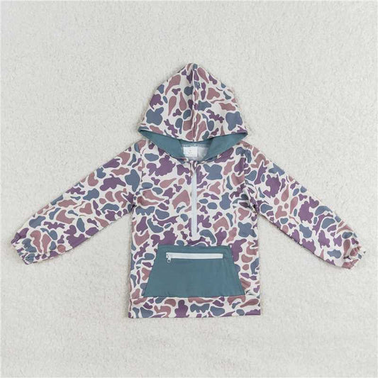 BT0754 Brown green camouflage zipper pocket hooded long sleeve top