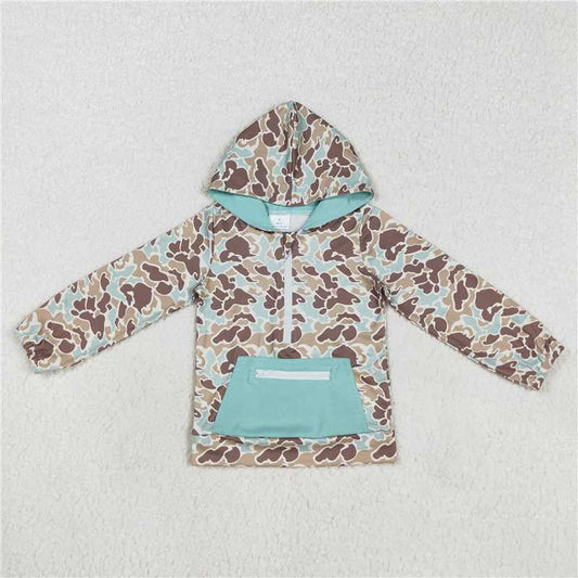 BT0751 Blue-green camouflage zipper pocket hooded long-sleeved top