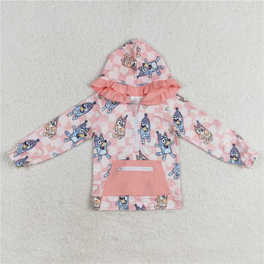 GT0633 Bluey rainbow flower plaid pink pocket lace zipper hooded long-sleeved top