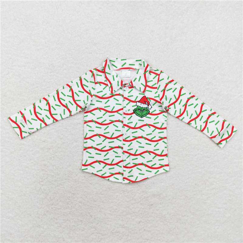 BT0769 Grinch red and green wavy lines white button long-sleeved top