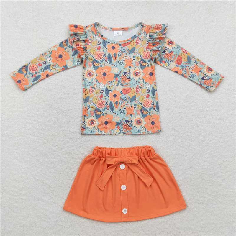 GLD0591 Flower green long sleeve orange skirt suit