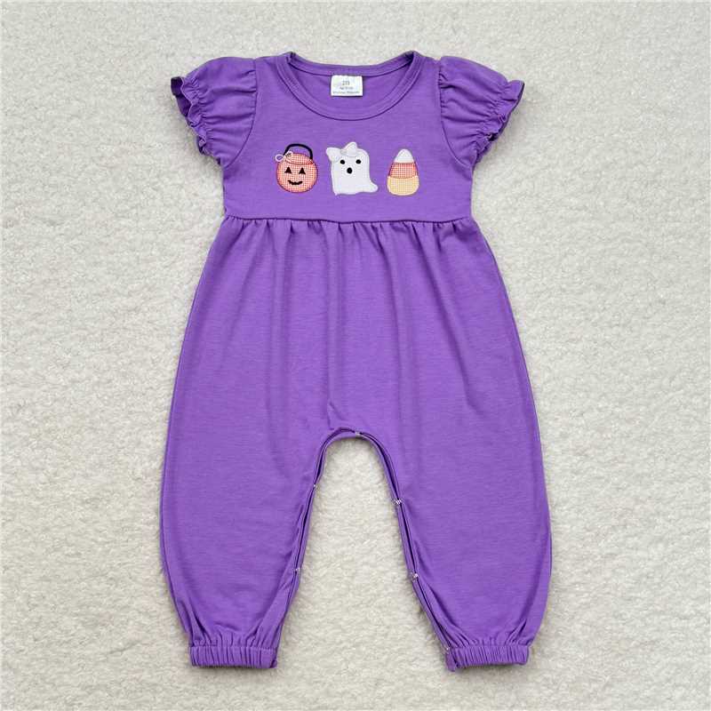 SR1927 Embroidered Smiley Jack-O-Lantern Ghost Candy Purple Short-Sleeved Bodysuit