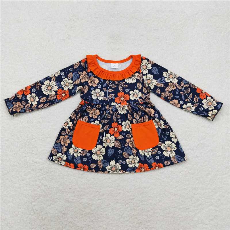 GT0691 Navy blue long-sleeved top with orange floral lace pockets