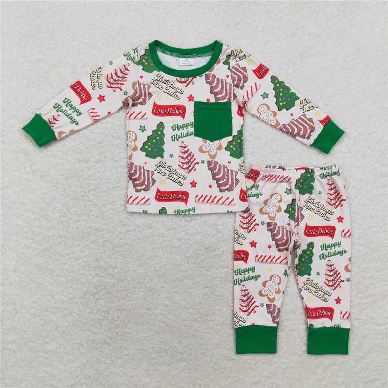 BLP0506 happy holidays Christmas tree cookie green pocket long sleeve long pants pajama set