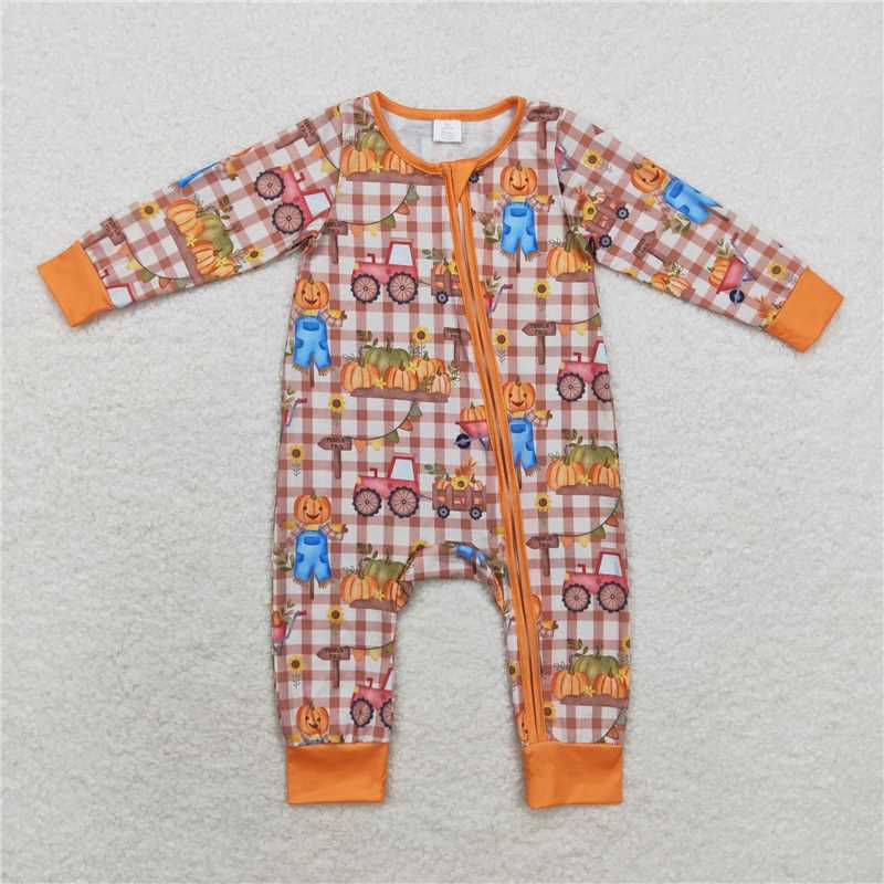 LR1046 Modal Pumpkin Straw Plaid Zipper Long Sleeve Bodysuit