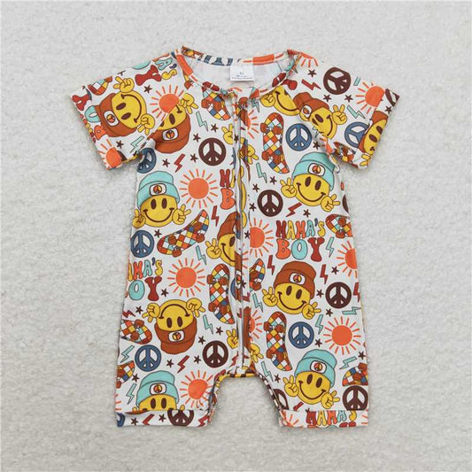 SR1776 mama's boy smiley face sun skateboard zipper short-sleeved jumpsuit