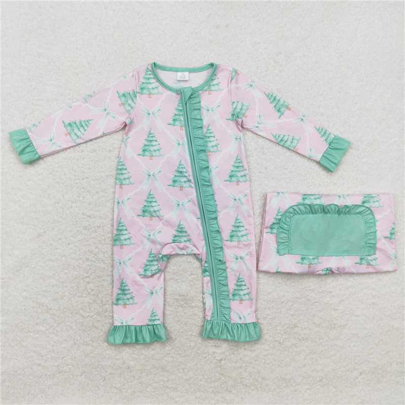 LR1073 Christmas tree bow green lace pink zipper long sleeve jumpsuit