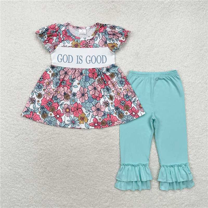 GSPO1658 god is good flower beige short-sleeved blue-green trousers suit