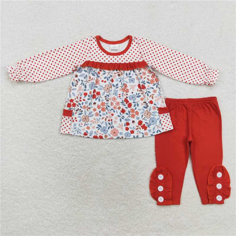 GLP1297 Flower polka dot pocket long sleeve orange brown trousers suit