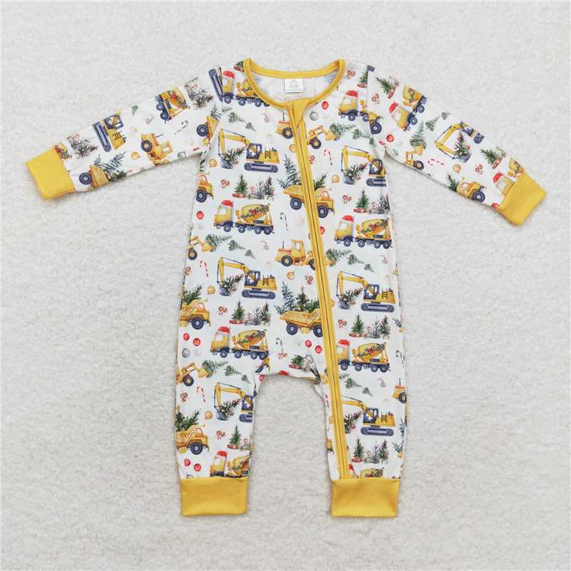 LR1332 Modal Christmas tree construction truck beige zipper long-sleeved jumpsuit