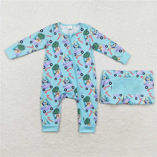 LR1431 bluey Modal Christmas tree car cane blue zipper long sleeve jumpsuit