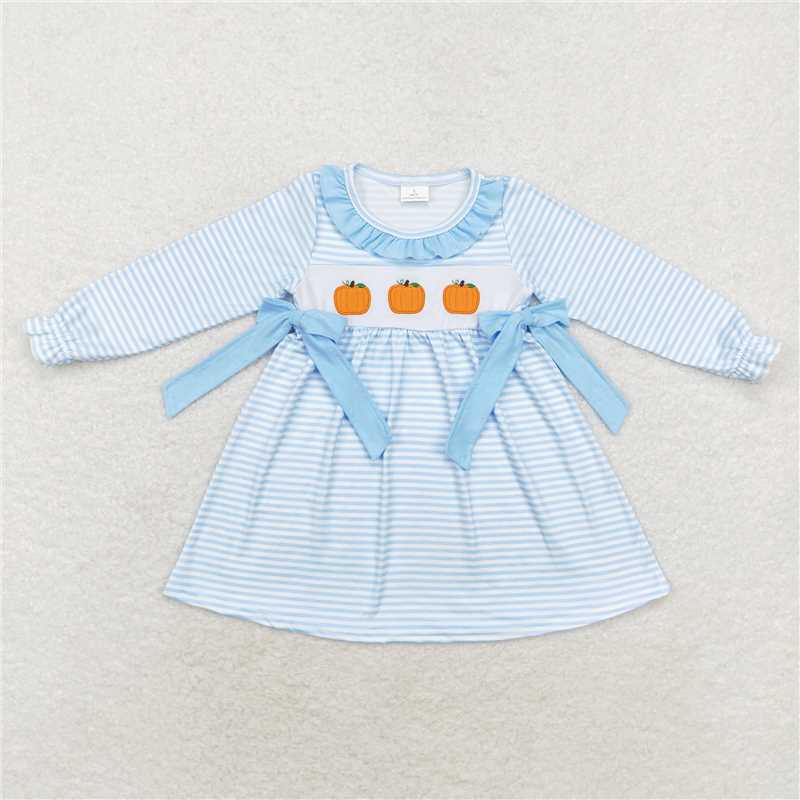 GLD0614 Embroidered pumpkin blue lace striped long-sleeved dress