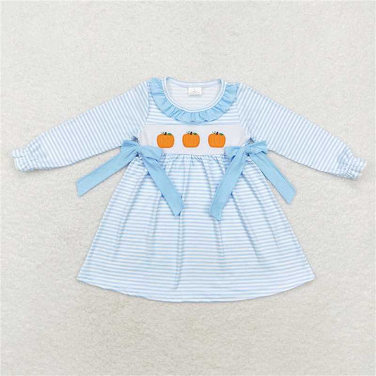 GLD0614 Embroidered pumpkin blue lace striped long-sleeved dress