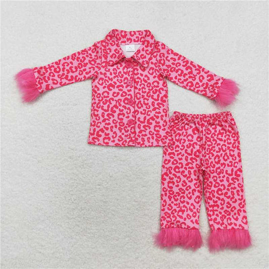 GLP1257 Pink fur trim leopard print long sleeve trousers pajama set