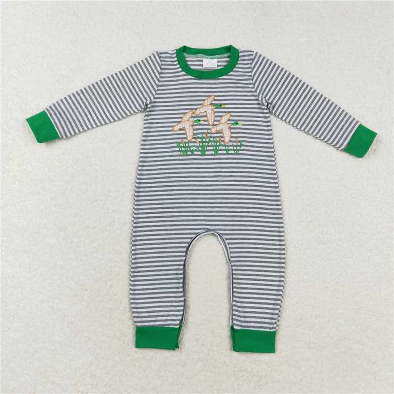 LR1217 Embroidered duck stripe green trim long sleeve jumpsuit