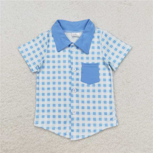 BT0806 Blue pocket plaid short-sleeved top