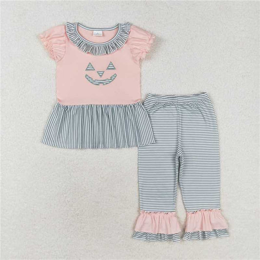 GSPO1671 Embroidered Halloween smiley face lace short-sleeved green striped trousers suit