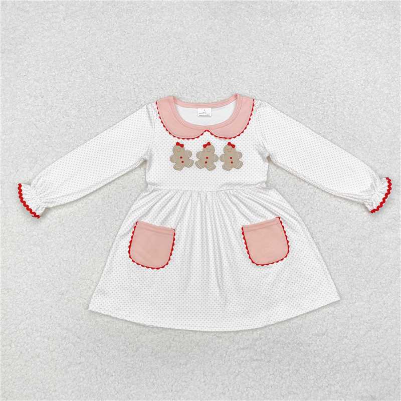 GLD0765 Embroidered gingerbread man embroidered collar pocket pink and white long-sleeved dress