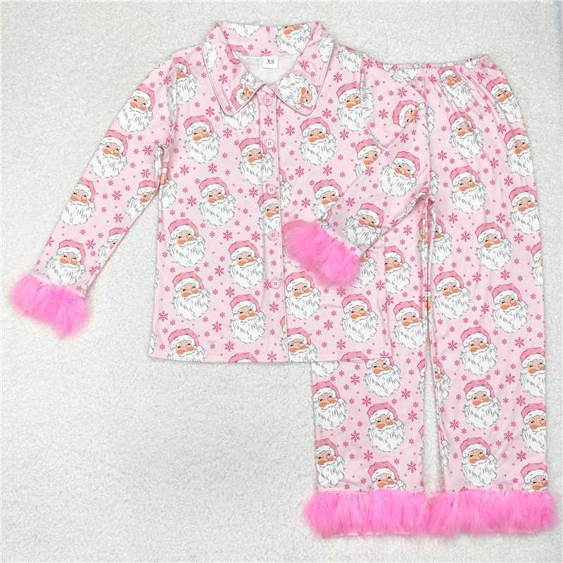 4.9 GLP1901 Adult female Santa Claus snowflake pink plush edge long sleeve long pants pajamas set
