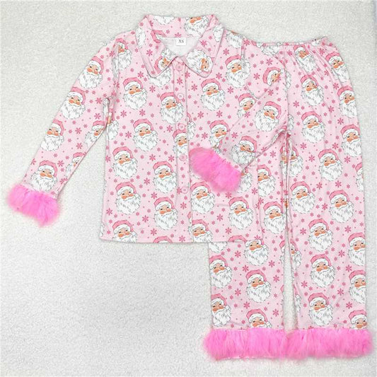 4.9 GLP1901 Adult female Santa Claus snowflake pink plush edge long sleeve long pants pajamas set