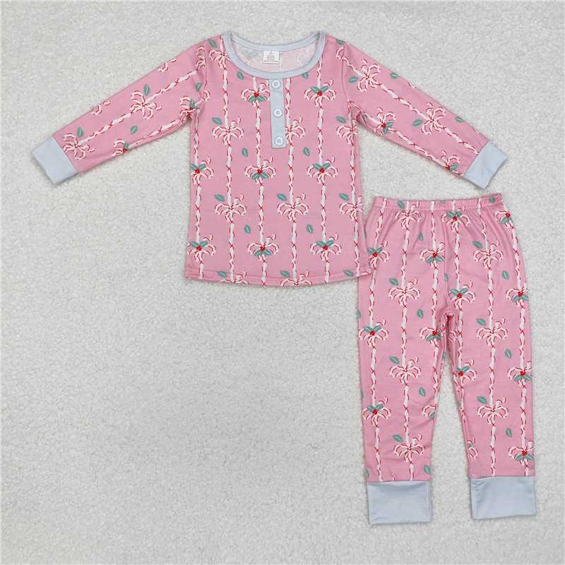 GLP1925 Modal Christmas leaf bow pattern pink long-sleeved trousers pajamas set