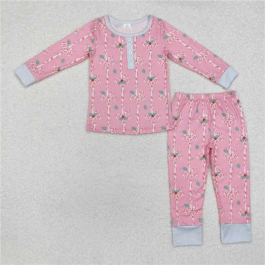 GLP1925 Modal Christmas leaf bow pattern pink long-sleeved trousers pajamas set