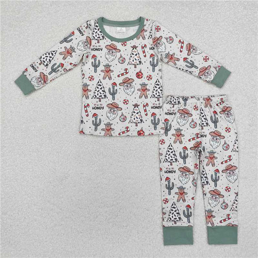 BLP0817 Cowboy hat Santa Claus cactus gingerbread man beige green long sleeve long pants pajamas set