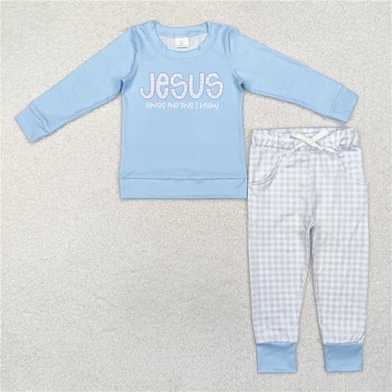 BLP0767 Jesus letter light blue long-sleeved striped trousers suit