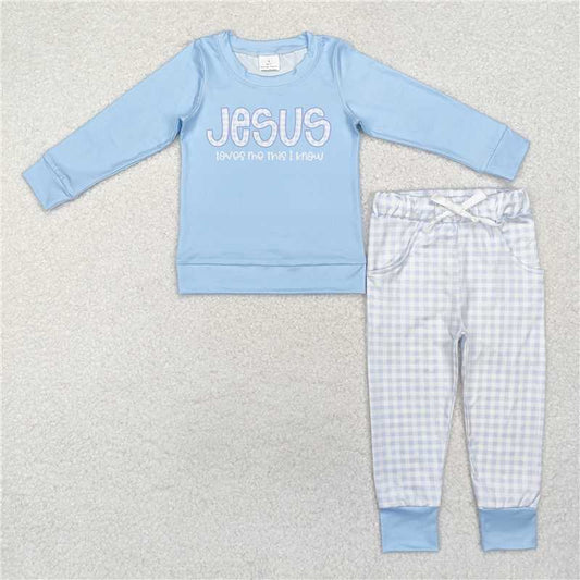 BLP0767 Jesus letter light blue long-sleeved striped trousers suit