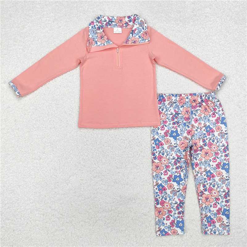 GLP1750 Pink long-sleeved trousers set with floral zipper