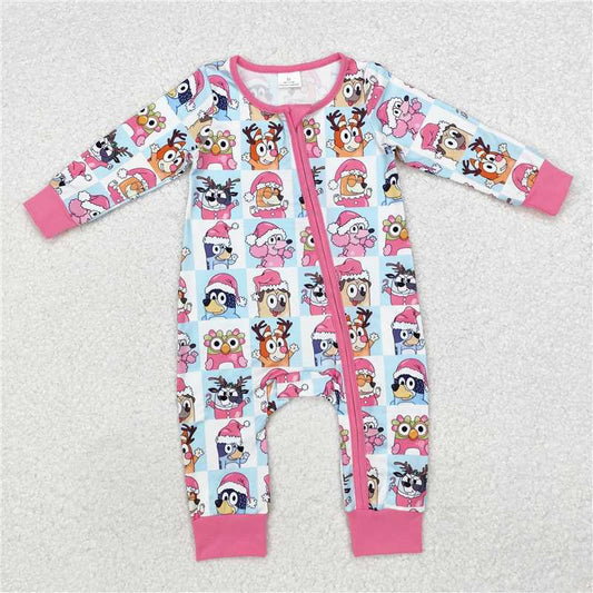 LR1783 bluey Christmas pink edge blue and white plaid zipper long-sleeved jumpsuit