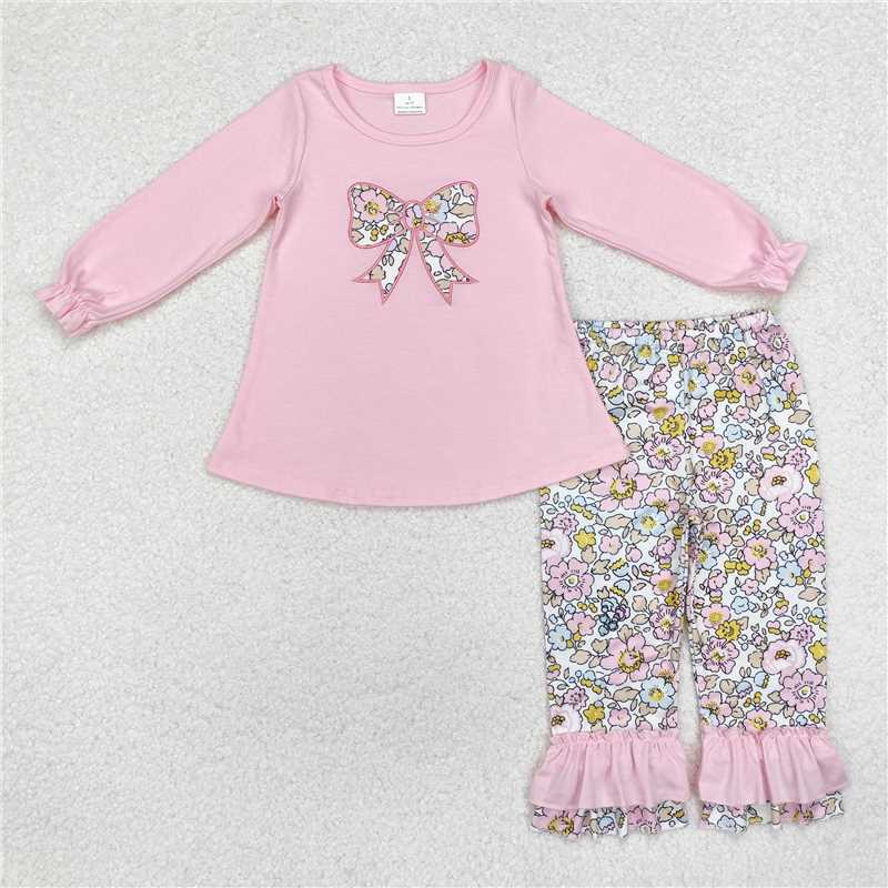 GLP1836 Embroidered flower and bow pattern pink long-sleeved trousers suit