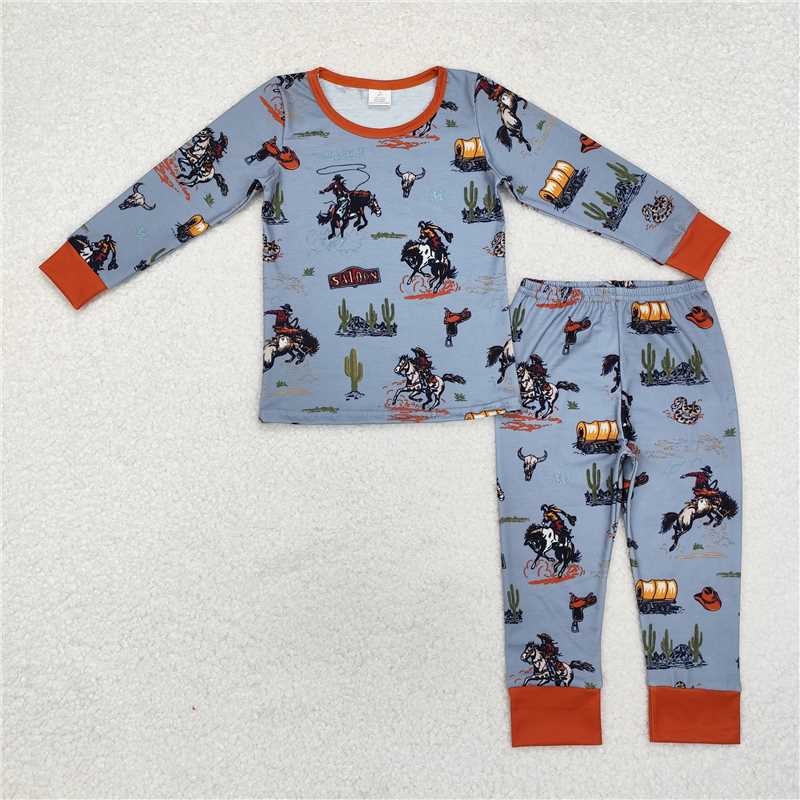 BLP0900 Modal Horseback Cactus Blue Brown Long Sleeve Long Pants Pajama Set