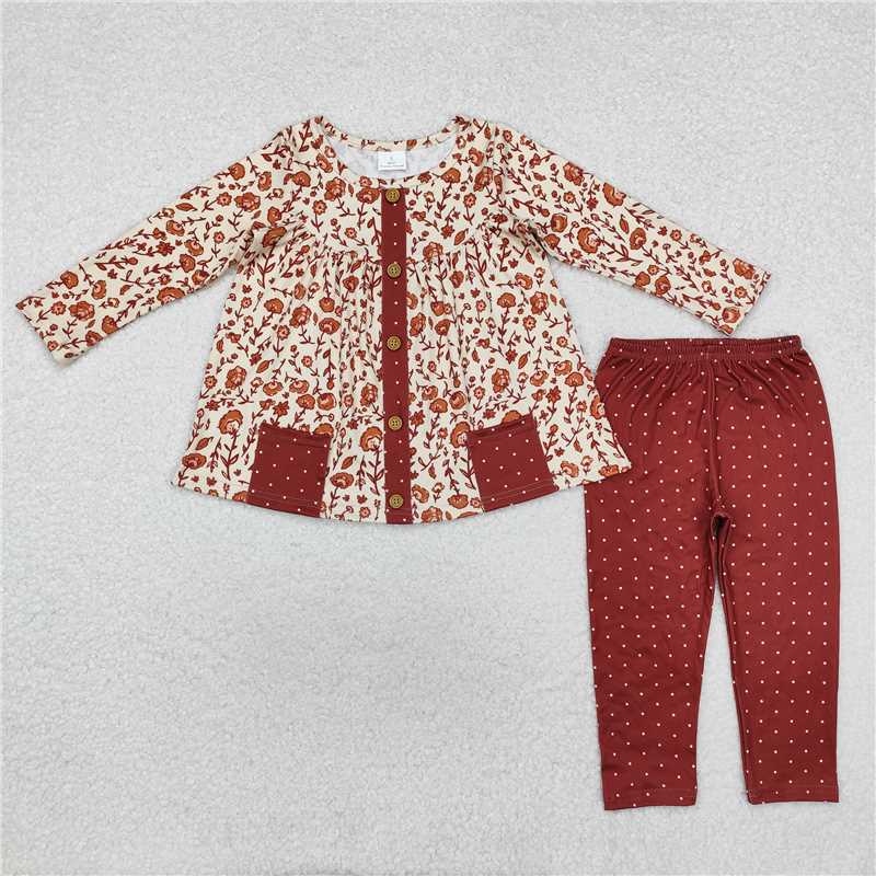 GLP1894 Floral polka dot brown pocket beige long sleeve trousers set