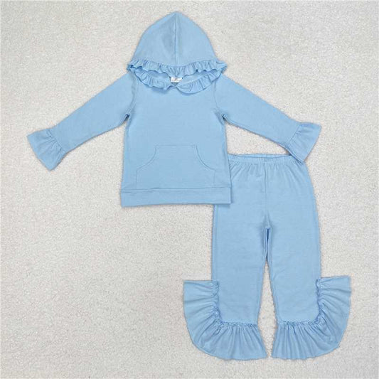 GLP2058 Solid sky blue lace hooded long-sleeved trousers suit