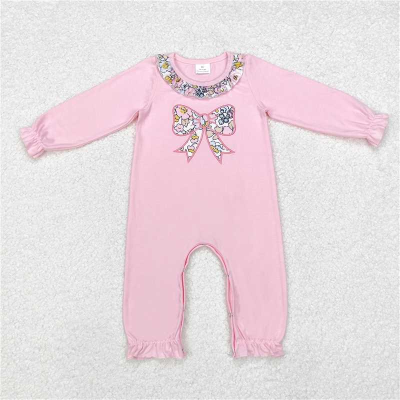 LR1812 Pink long-sleeved bodysuit with embroidered flowers and bows