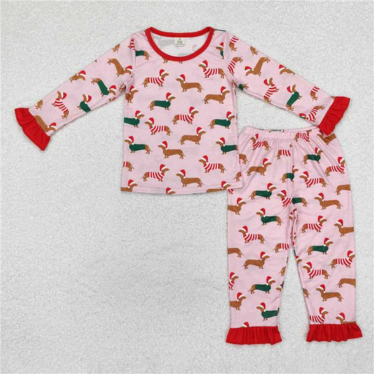 GLP1244 Modal Christmas hat puppy pink long-sleeved long pants pajamas set