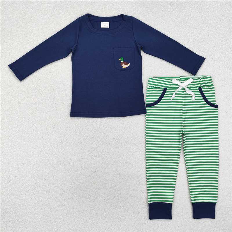 BLP0795 Embroidered duck pocket navy blue long sleeve green striped trousers suit